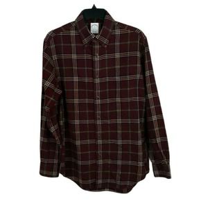 Brooks Brothers Mens Size M Burgungy Plaid Fleece Button Down Shirt Shacket